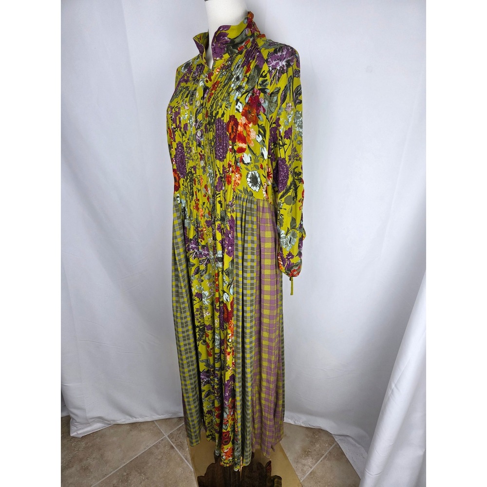 John Mark Maxi Dress Medium Green Floral Gingham Pintuck Button Front Boho Flowy - Picture 4 of 13